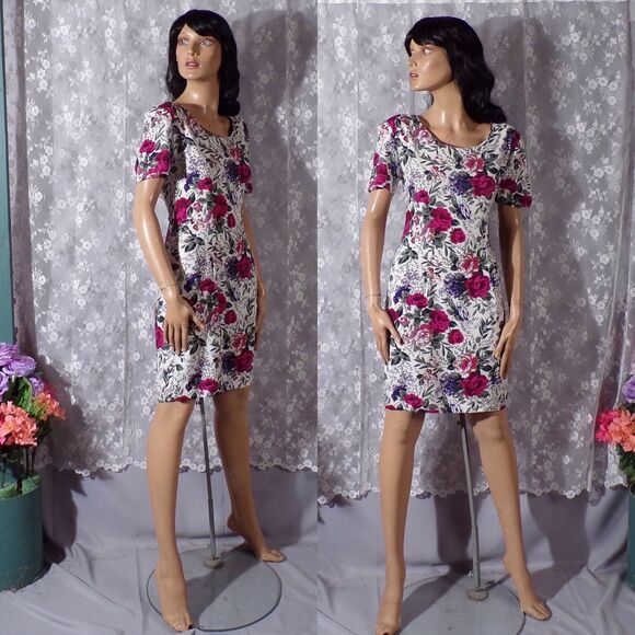 Vintage 90s Dress 1990s Floral Casual Cute Pencil Pinup Spring Retro Size Small - Picture 1 of 7